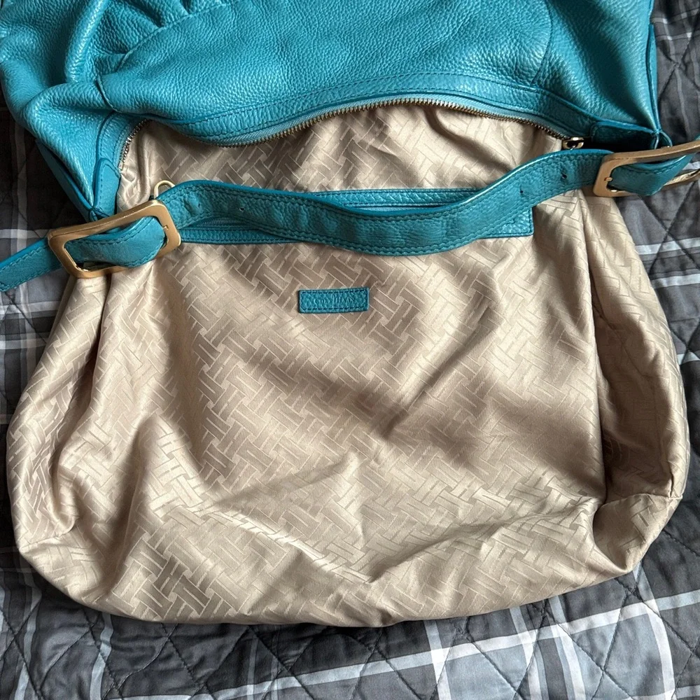 Cole Haan Rouched Large Hobo Turquoise Peacock Blue Pebbled Leather